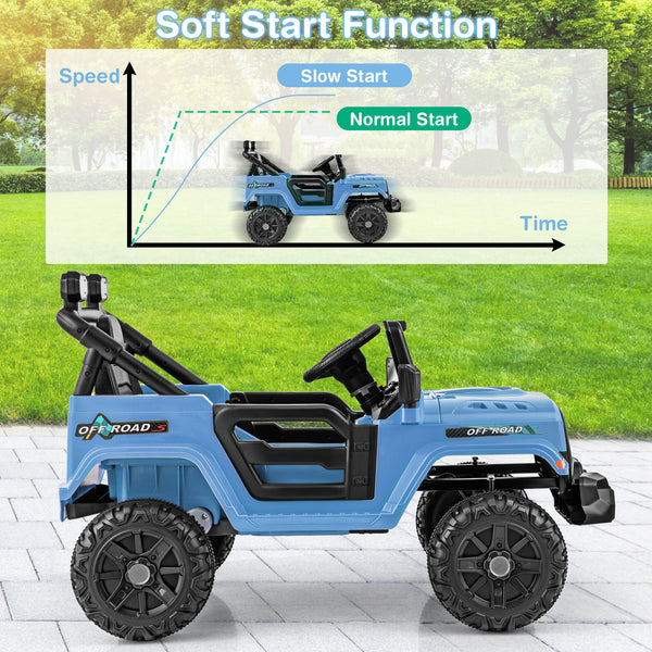 12V kids ride-on truck car with remote control, threaded wheels, and 3 speeds, angled view showcasing design and features.