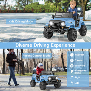 12V kids ride-on truck car with remote control, threaded wheels, and 3 speeds, angled view showcasing fun design.