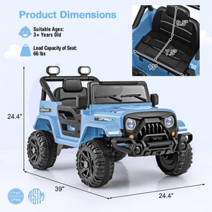 12V kids ride-on truck car with remote control, threaded wheels, and 3 speeds, angled view showcasing design and features.