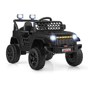 12V kids ride-on truck car with parental remote, music player, angled view for fun outdoor play.