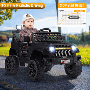 12V kids ride-on truck car with parental remote, music player, and vibrant design for outdoor fun. Angle 13 view.