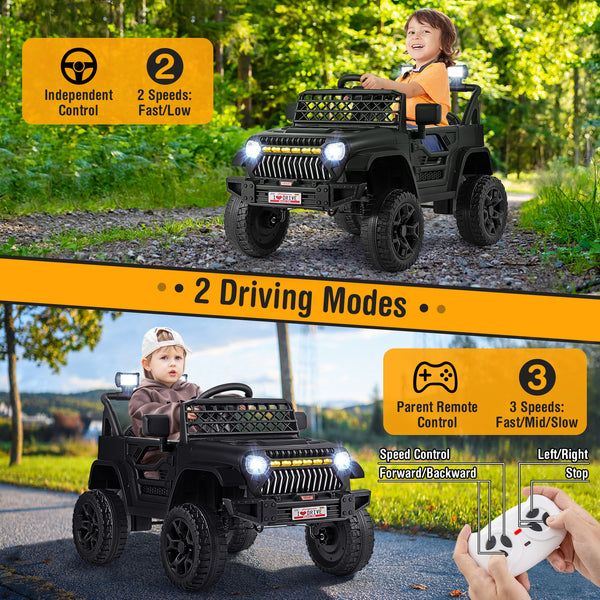 12V kids ride-on truck car with parental remote, music player, and vibrant design for outdoor fun. Angle 14 view.
