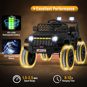 12V kids ride-on truck car with parental remote and music player, angled view showcasing its vibrant design and features.