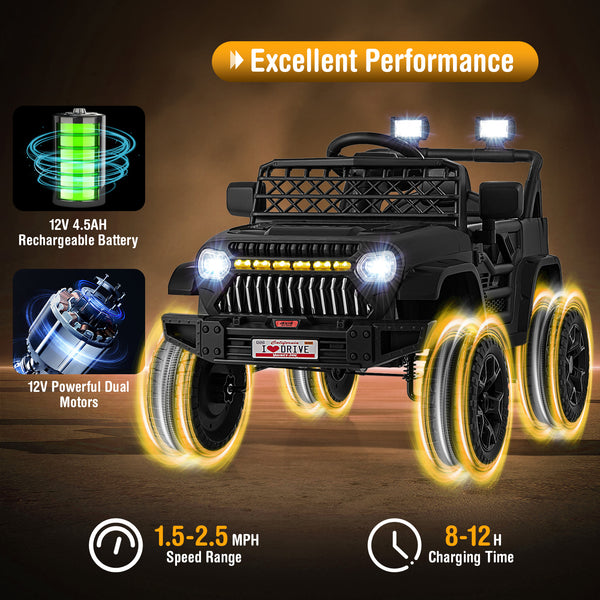 12V kids ride-on truck car with parental remote and music player, angled view showcasing its vibrant design and features.