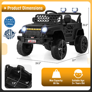 12V kids ride-on truck car with parental remote, music player, and fun design for outdoor play.
