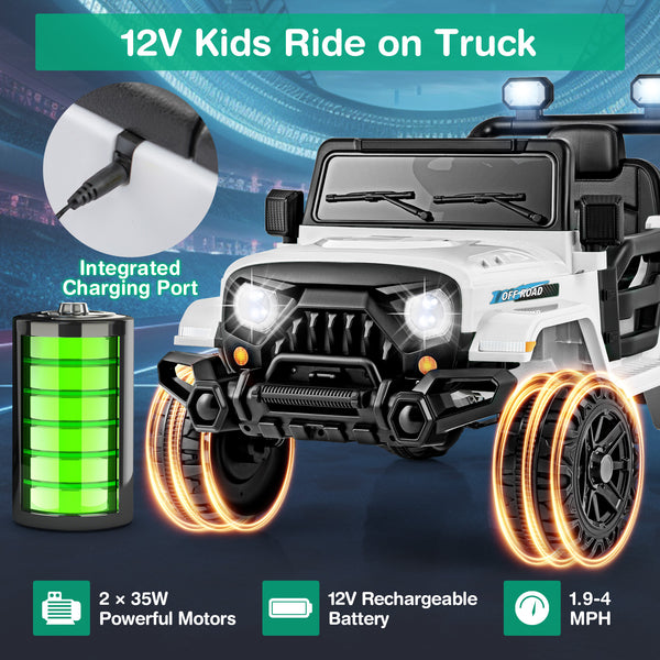 12V kids ride-on truck car with remote control, threaded wheels, and 3 speeds, perfect for outdoor fun.