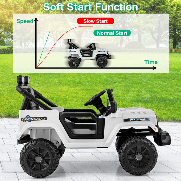 12V kids ride-on truck car with remote control, threaded wheels, and 3 speeds, perfect for outdoor fun.