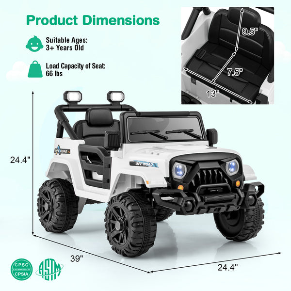 12V kids ride-on truck car with remote control, threaded wheels, and 3 speeds, perfect for outdoor fun.