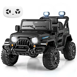 12V kids ride-on truck car with remote control, threaded wheels, and 3 speeds, angled view showcasing design and features.