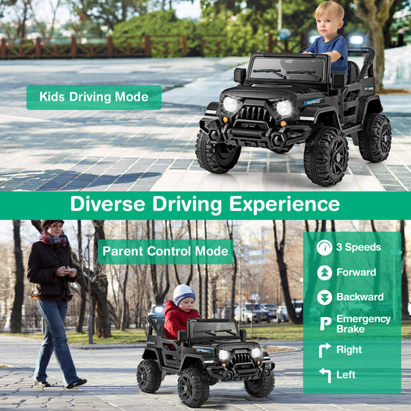 12V kids ride-on truck car with remote control, threaded wheels, and 3 speeds, angled view showcasing design and features.