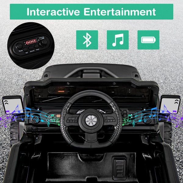 12V kids ride-on truck car with remote control, threaded wheels, and 3 speeds, angled view showcasing its features.