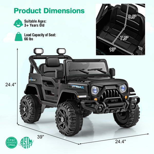 12V kids ride-on truck car with remote control, threaded wheels, and 3 speeds, perfect for outdoor fun and adventure.