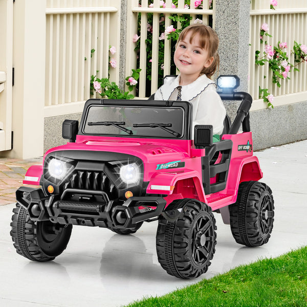 12V kids ride-on truck car with remote control, threaded wheels, and 3 speeds, angled view showcasing fun design.