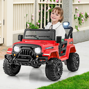 12V kids ride-on truck car with remote control, threaded wheels, and 3 speeds, angled view showcasing design and features.