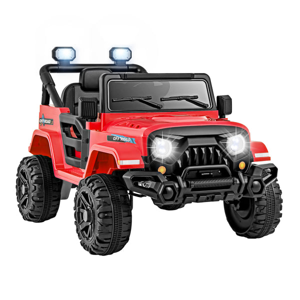 12V kids ride-on truck with remote control, threaded wheels, and 3 speeds, angled view showcasing fun design.