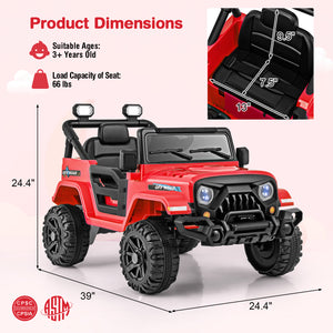 12V kids ride-on truck car with remote control, threaded wheels, and 3 speeds, angled view showcasing design and features.
