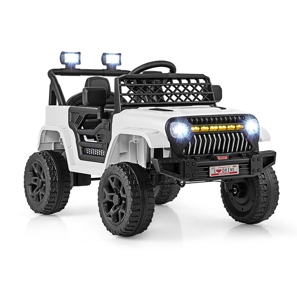 12V kids ride-on truck car with remote control, music player, and vibrant design for outdoor fun. Angle view.