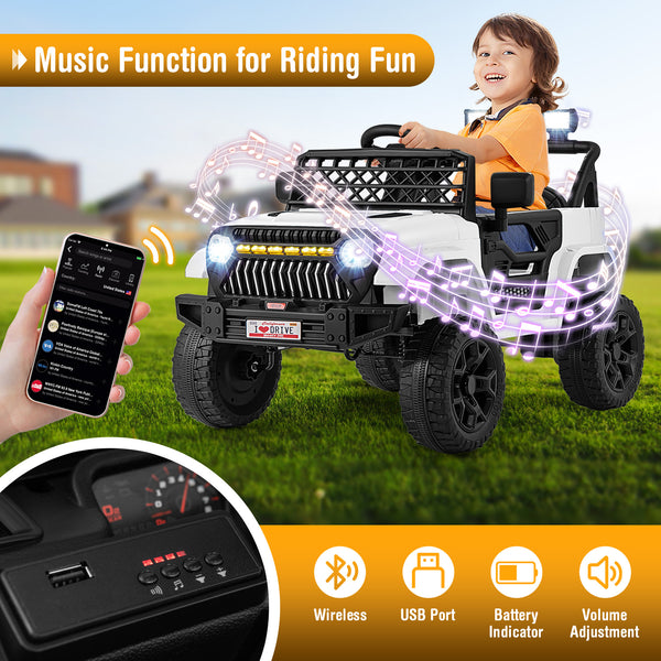 12V Kids Ride on Truck Car with remote, music player, and fun design for outdoor play. Angle 7 view.