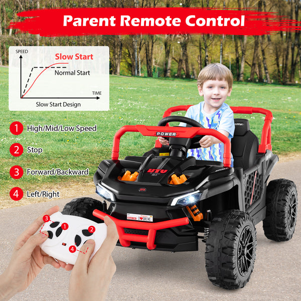 12V kids ride-on truck off-road UTV with parental remote and lights, angled view showcasing its fun design.