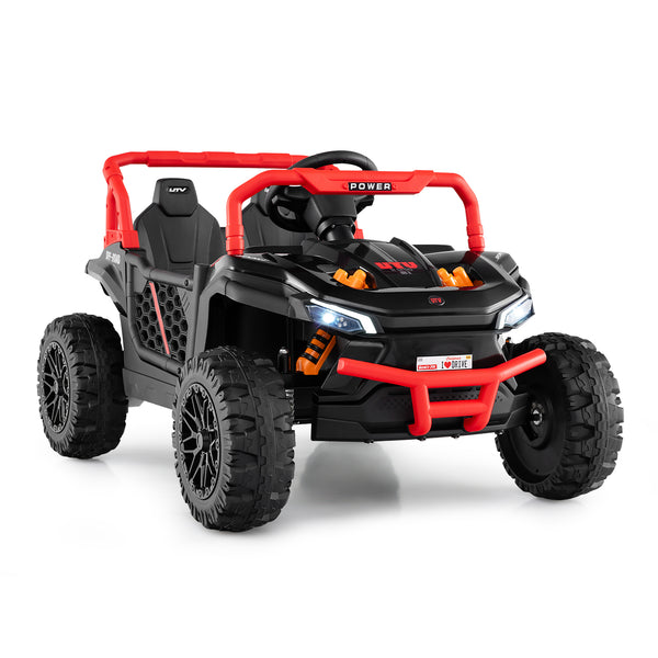 12V kids ride-on truck off-road UTV with parental remote and lights, angled view showcasing design and features.