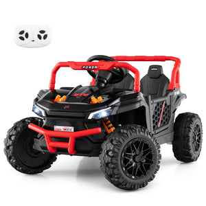 12V kids ride-on truck off-road UTV with parental remote, lights, and rugged design for outdoor fun. Angle 21 view.