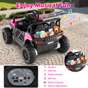 12V kids ride-on truck off-road UTV with parental remote, lights, and rugged design for outdoor fun.