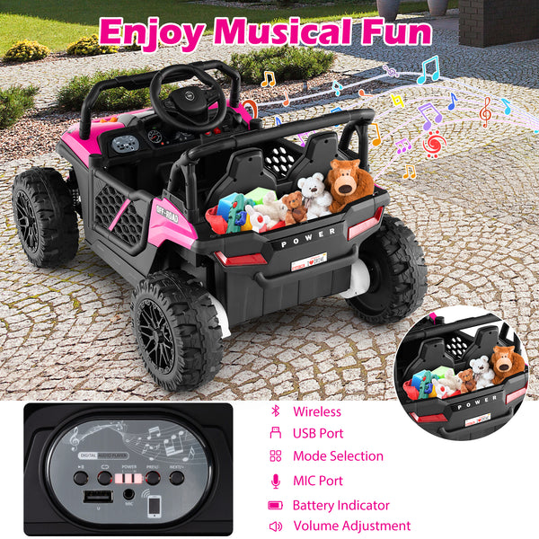12V kids ride-on truck off-road UTV with parental remote, lights, and rugged design for outdoor fun.