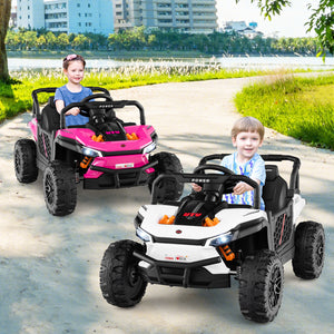 12V kids ride-on truck off-road UTV with parental remote, lights, and rugged design for adventurous playtime.