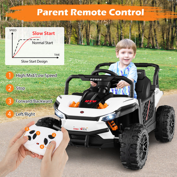 12V kids ride-on truck UTV with parental remote, off-road design, and lights, perfect for outdoor play.