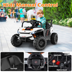 12V kids ride-on truck off-road UTV with parental remote and lights, angled view showcasing fun design and features.