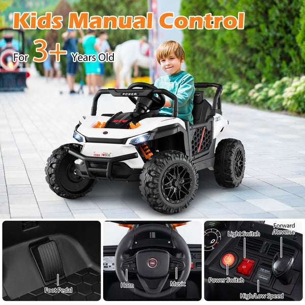 12V kids ride-on truck off-road UTV with parental remote and lights, angled view showcasing fun design and features.