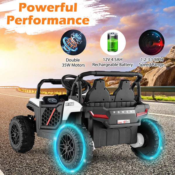 12V kids ride-on truck off-road UTV with parental remote, lights, and rugged design for outdoor fun.
