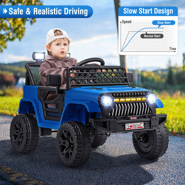 12V kids ride-on truck car with parental remote, music player, and stylish design, perfect for outdoor fun.