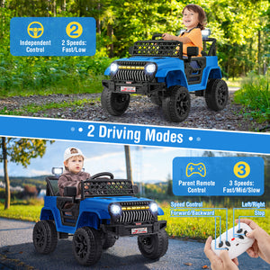 12V kids ride-on truck car with parental remote, music player, and vibrant design, angled view showcasing fun features.
