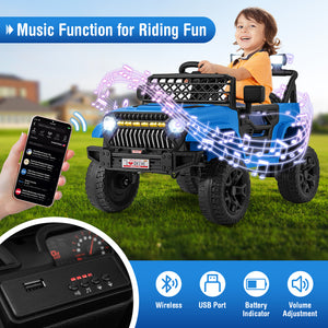 12V kids ride-on truck with parental remote, music player, and vibrant design, perfect for outdoor fun. Angle 24 view.