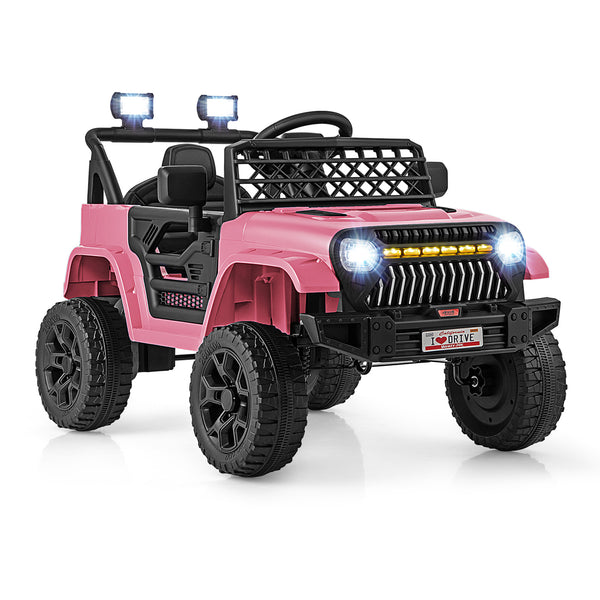12V kids ride-on truck car with parental remote, music player, angled view showcasing fun design and features.