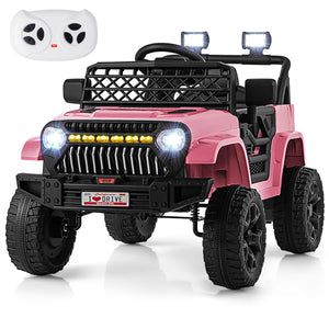 12V kids ride-on truck car with parental remote, music player, and vibrant design at angle 27 for fun adventures.