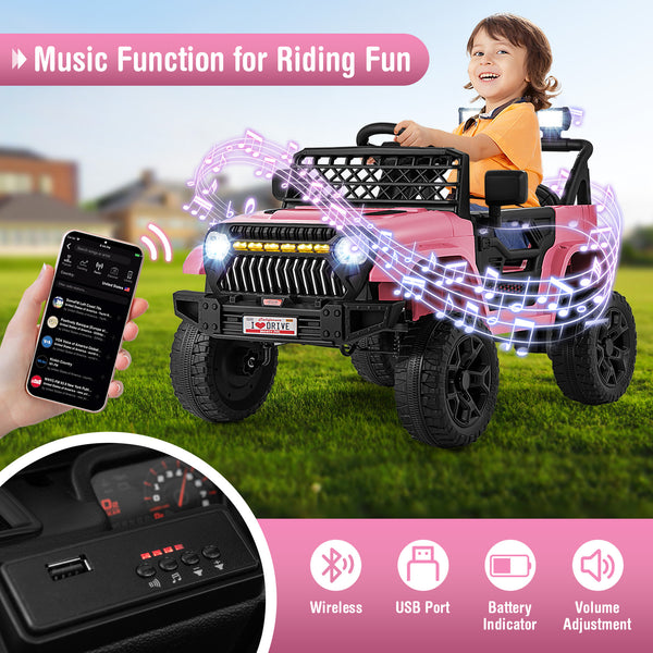 12V kids ride-on truck car with parental remote, music player, angled view for fun and safe outdoor play.