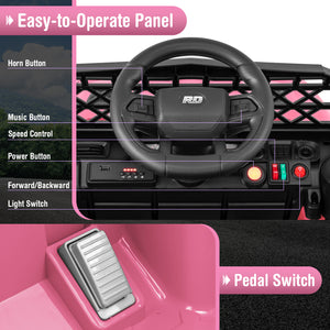 12V kids ride-on truck car with parental remote and music player, angled view showcasing its fun design and features.