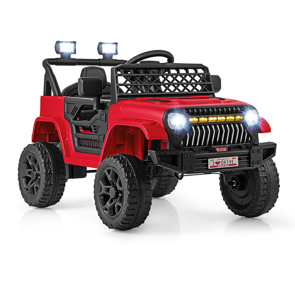 12V kids ride-on truck car with parental remote, music player, and fun design for outdoor play.