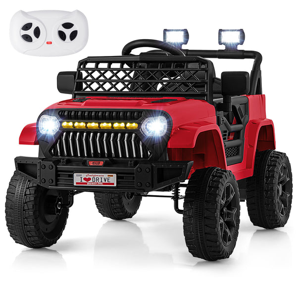 12V kids ride-on truck car with parental remote, music player, angled view for fun outdoor play.
