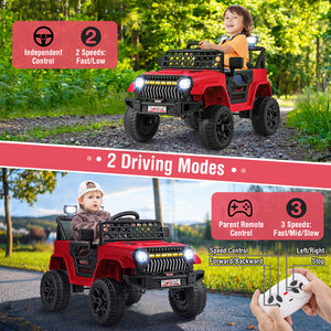 12V kids ride-on truck car with parental remote, music player, angled view showcasing fun and safety features.