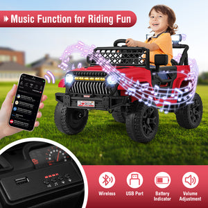 12V kids ride-on truck car with parental remote, music player, angled view for toys and hobbies.