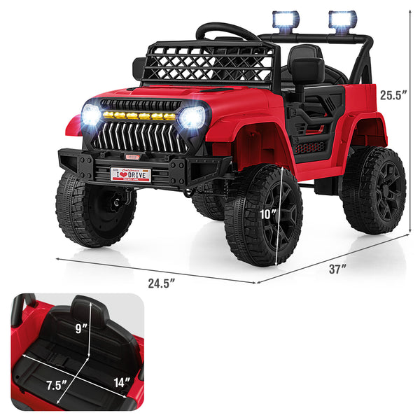 12V kids ride-on truck car with parental remote, music player, and 36-degree angle view for fun outdoor play.