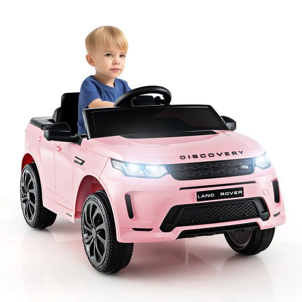 12V kids ride-on car with remote control, lockable doors, slow start, and LED lights - angle view.