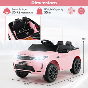 12V kids ride-on car with remote control, lockable doors, slow start, and LED lights - angle view.