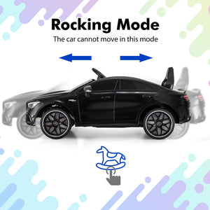 12V Mercedes-Benz AMG CLA 45 ride-on car for kids, featuring remote control, in an angled view. Perfect toy for little drivers.