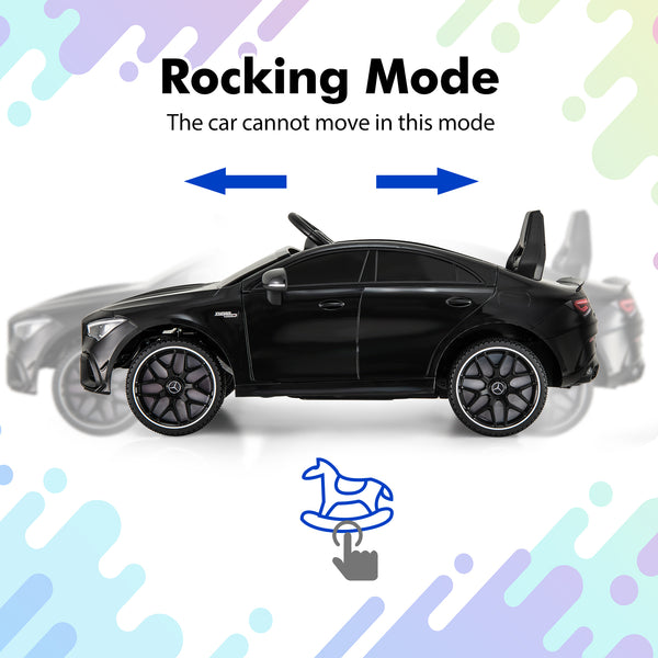 12V Mercedes-Benz AMG CLA 45 ride-on car for kids, featuring remote control, in an angled view. Perfect toy for little drivers.