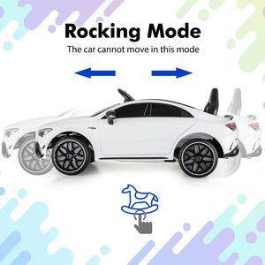12V Mercedes-Benz AMG CLA 45 kids ride-on car with remote, angled view showcasing its sleek design and vibrant colors.