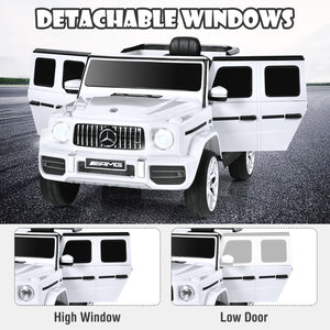12V Mercedes-Benz G63 kids ride-on car with remote control, angled view showcasing design and features.